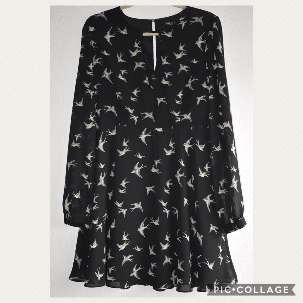 Bird Patterned Long Sleeve Dress
